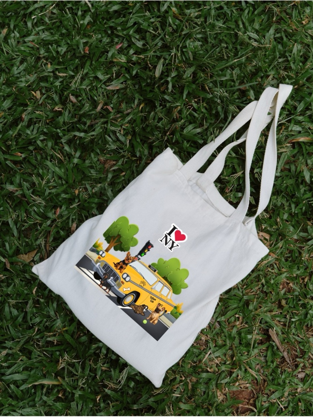 White Canvas Tote with Yellow Taxi & I ❤️ NY Graphic